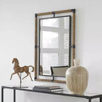 Specchio da parete decorativo rettangolare Uttermost per lavabo, moderno, smussato, color ruggine, nero, con corda naturale, cornice in ferro battuto, larghezza 28, per bagno