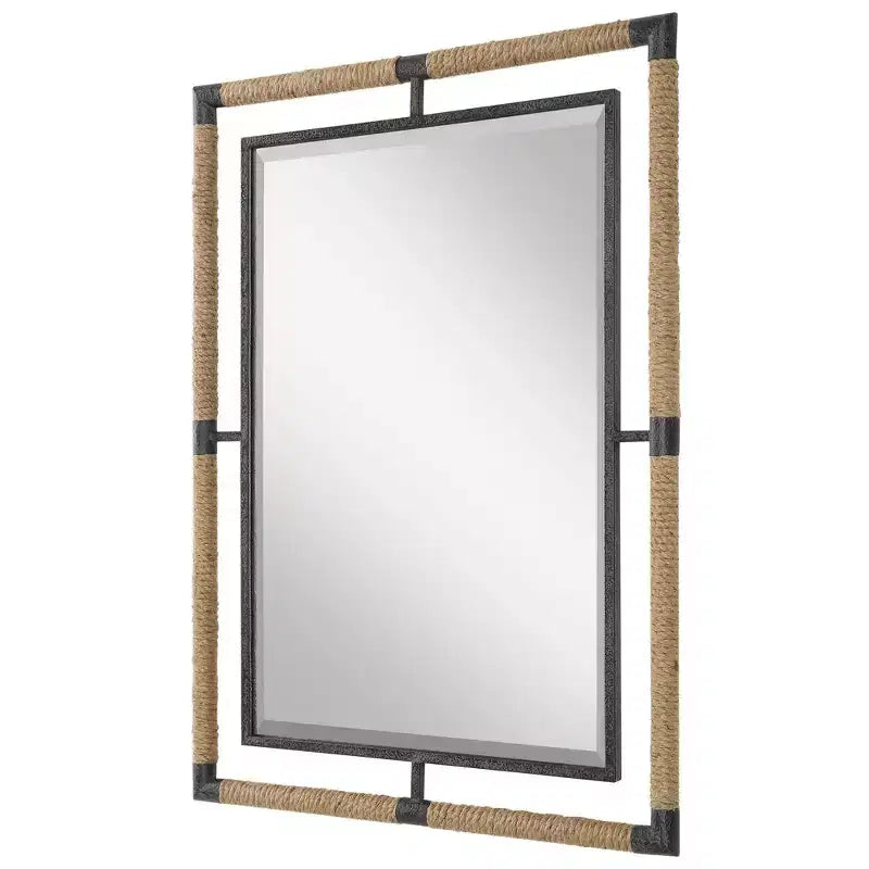 Specchio da parete decorativo rettangolare Uttermost per lavabo, moderno, smussato, color ruggine, nero, con corda naturale, cornice in ferro battuto, larghezza 28, per bagno