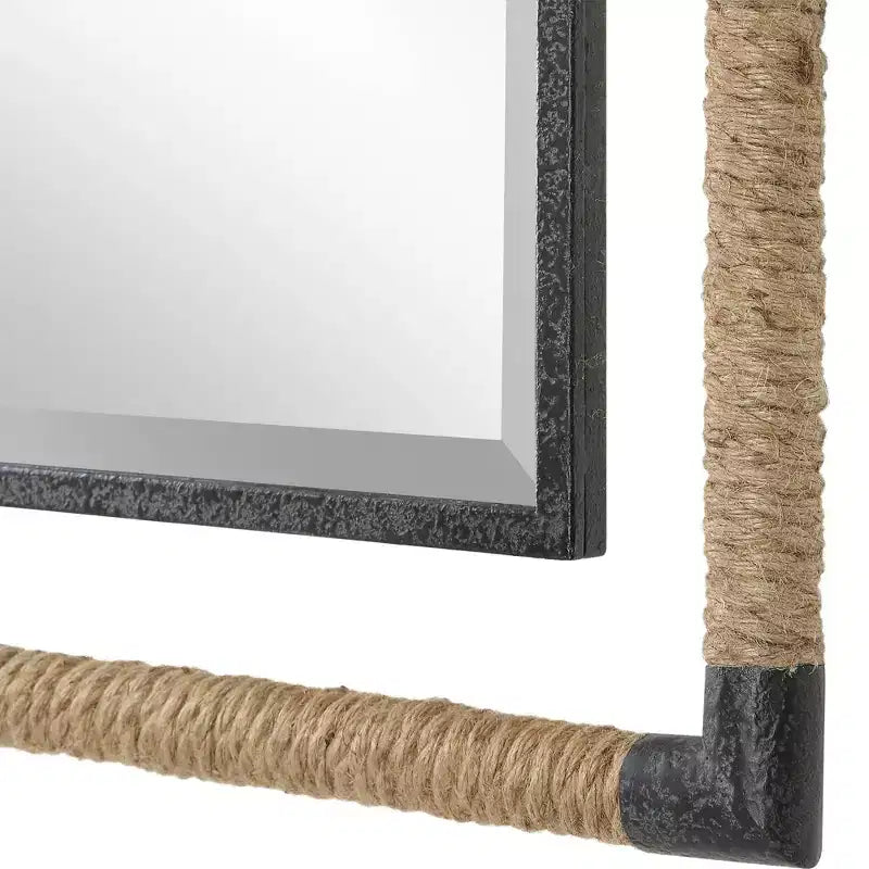 Specchio da parete decorativo rettangolare Uttermost per lavabo, moderno, smussato, color ruggine, nero, con corda naturale, cornice in ferro battuto, larghezza 28, per bagno