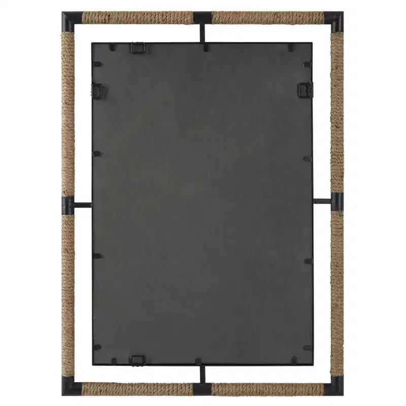 Specchio da parete decorativo rettangolare Uttermost per lavabo, moderno, smussato, color ruggine, nero, con corda naturale, cornice in ferro battuto, larghezza 28, per bagno