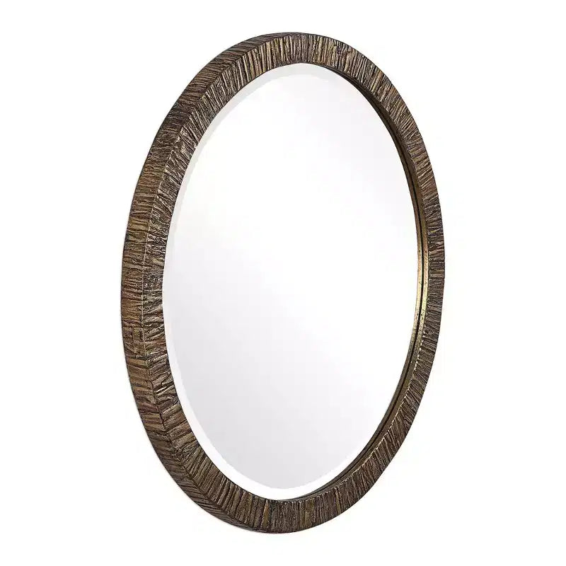 Specchio da parete Uttermost rotondo da bagno o camera da letto, rustico, smussato, con cornice in legno finitura foglia oro anticato, 76 cm di larghezza