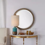 Specchio da parete Uttermost rotondo da bagno o camera da letto, rustico, smussato, con cornice in legno finitura foglia oro anticato, 76 cm di larghezza