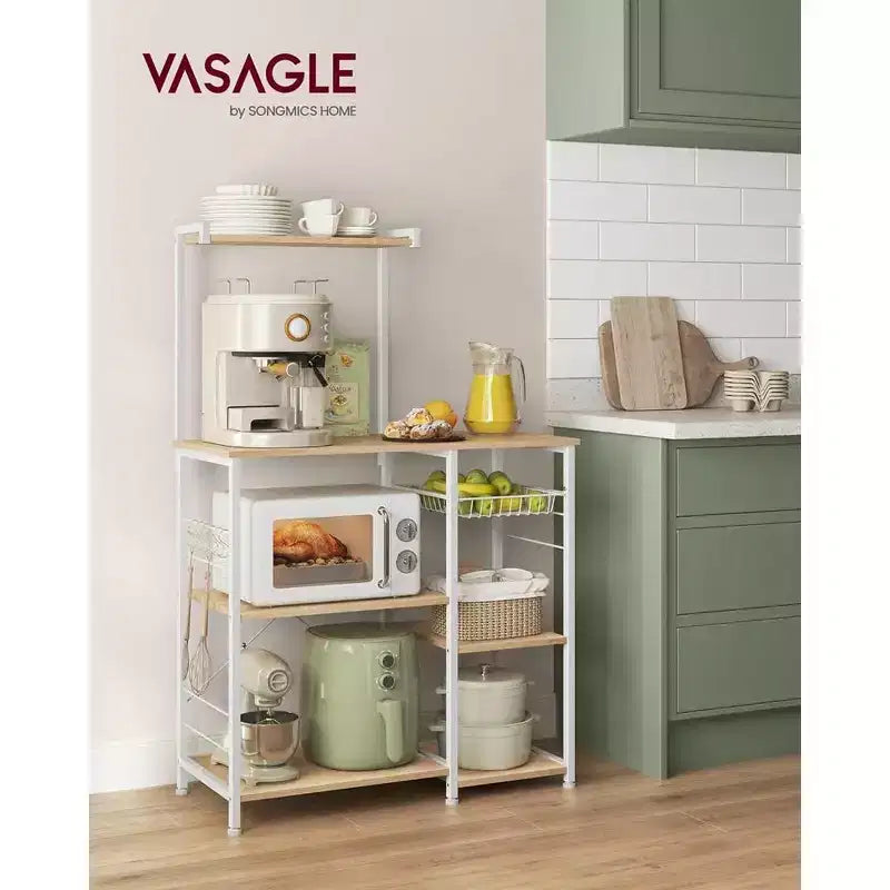 VASAGLE Scaffale da Forno, Carrello da Cucina per Microonde, Scaffale per Utensili da Cucina con Cestello a Rete, 6 Ganci e Ripiani per Spezie, Pentole e Padelle
