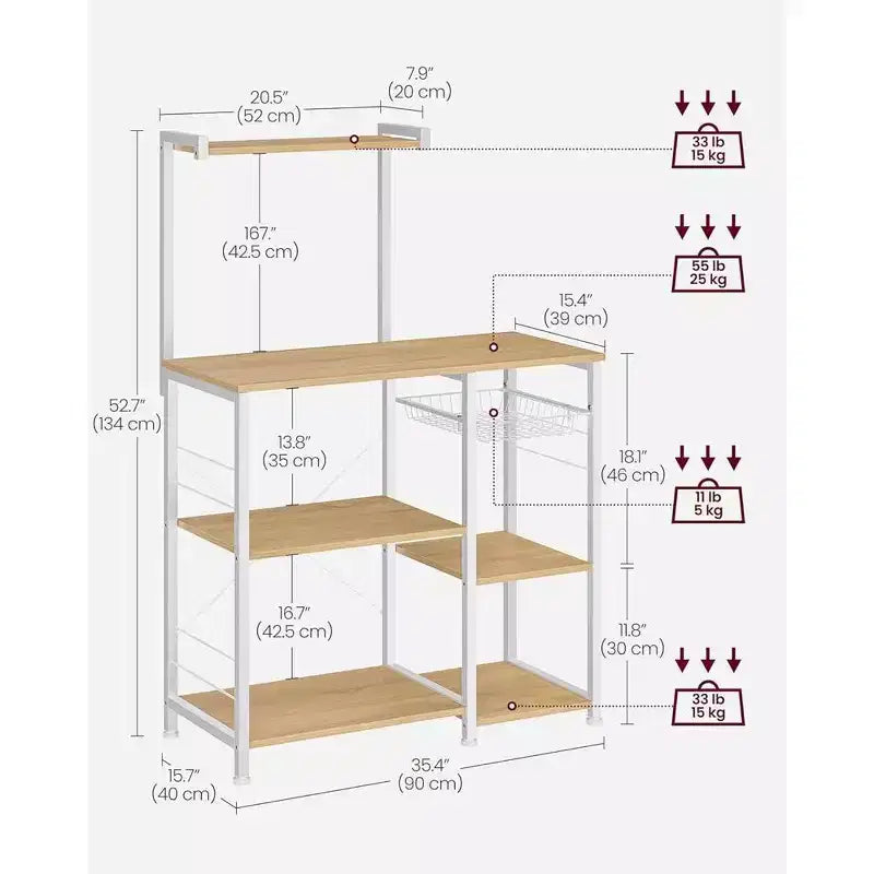 VASAGLE Scaffale da Forno, Carrello da Cucina per Microonde, Scaffale per Utensili da Cucina con Cestello a Rete, 6 Ganci e Ripiani per Spezie, Pentole e Padelle