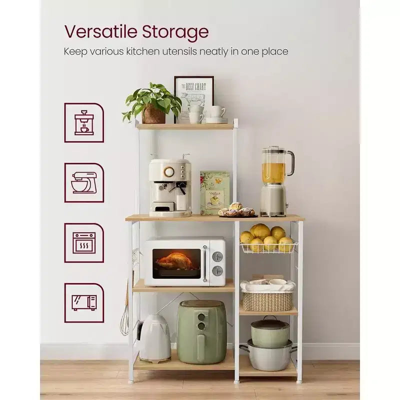 VASAGLE Scaffale da Forno, Carrello da Cucina per Microonde, Scaffale per Utensili da Cucina con Cestello a Rete, 6 Ganci e Ripiani per Spezie, Pentole e Padelle