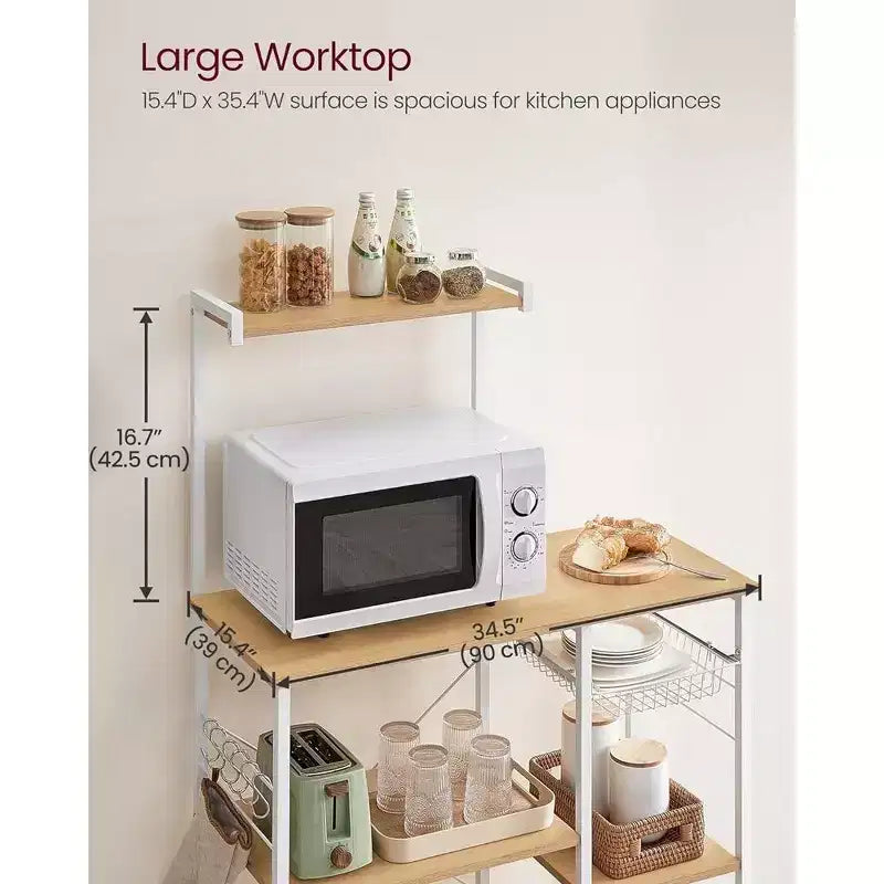 VASAGLE Scaffale da Forno, Carrello da Cucina per Microonde, Scaffale per Utensili da Cucina con Cestello a Rete, 6 Ganci e Ripiani per Spezie, Pentole e Padelle
