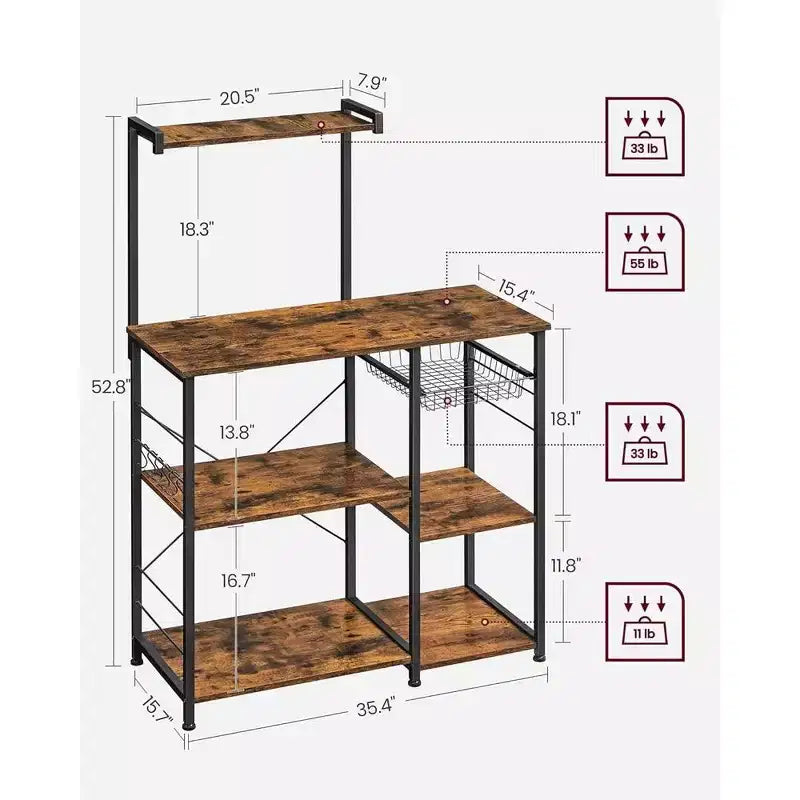 VASAGLE Scaffale da Forno, Carrello da Cucina per Microonde, Scaffale per Utensili da Cucina con Cestello a Rete, 6 Ganci e Ripiani per Spezie, Pentole e Padelle