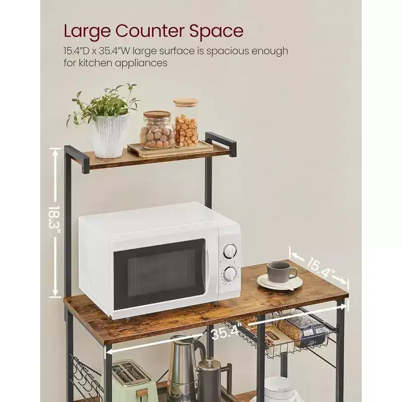 VASAGLE Scaffale da Forno, Carrello da Cucina per Microonde, Scaffale per Utensili da Cucina con Cestello a Rete, 6 Ganci e Ripiani per Spezie, Pentole e Padelle