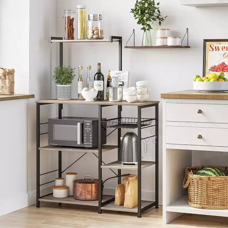 VASAGLE Scaffale da Forno, Carrello da Cucina per Microonde, Scaffale per Utensili da Cucina con Cestello a Rete, 6 Ganci e Ripiani per Spezie, Pentole e Padelle