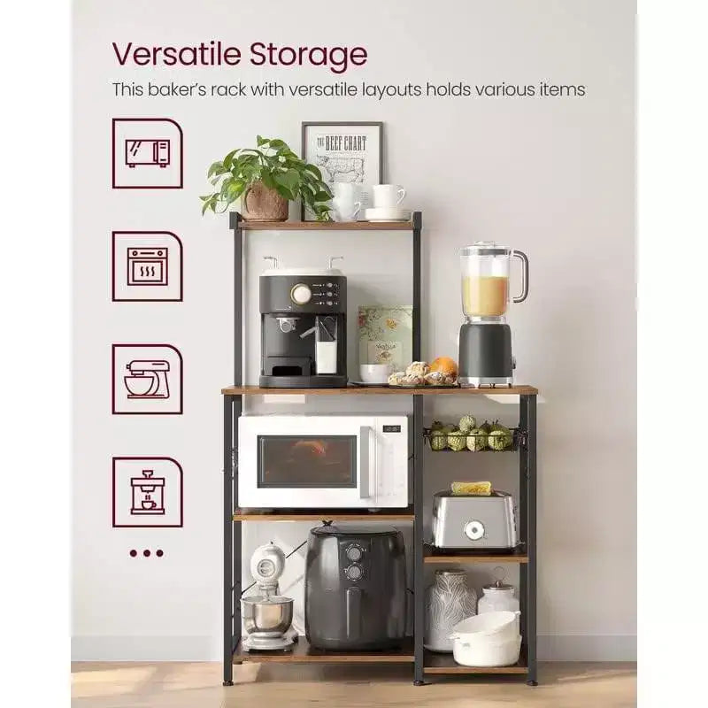 VASAGLE Scaffale da Forno, Carrello da Cucina per Microonde, Scaffale per Utensili da Cucina con Cestello a Rete, 6 Ganci e Ripiani per Spezie, Pentole e Padelle