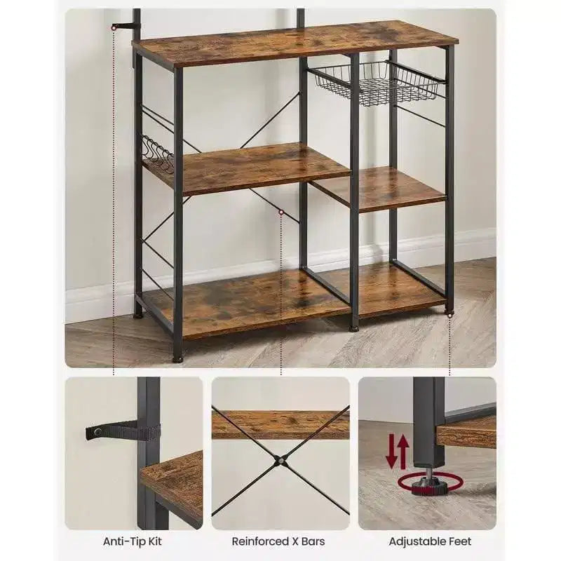 VASAGLE Scaffale da Forno, Carrello da Cucina per Microonde, Scaffale per Utensili da Cucina con Cestello a Rete, 6 Ganci e Ripiani per Spezie, Pentole e Padelle