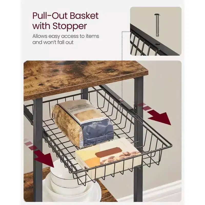 VASAGLE Scaffale da Forno, Carrello da Cucina per Microonde, Scaffale per Utensili da Cucina con Cestello a Rete, 6 Ganci e Ripiani per Spezie, Pentole e Padelle