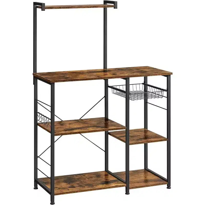VASAGLE Scaffale da Forno, Carrello da Cucina per Microonde, Scaffale per Utensili da Cucina con Cestello a Rete, 6 Ganci e Ripiani per Spezie, Pentole e Padelle