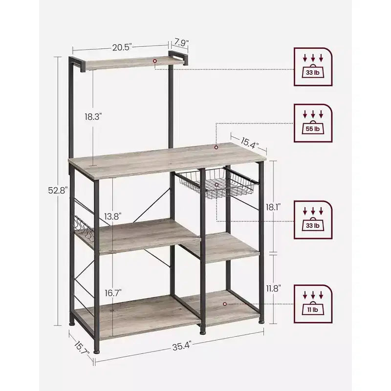 VASAGLE Scaffale da Forno, Carrello da Cucina per Microonde, Scaffale per Utensili da Cucina con Cestello a Rete, 6 Ganci e Ripiani per Spezie, Pentole e Padelle