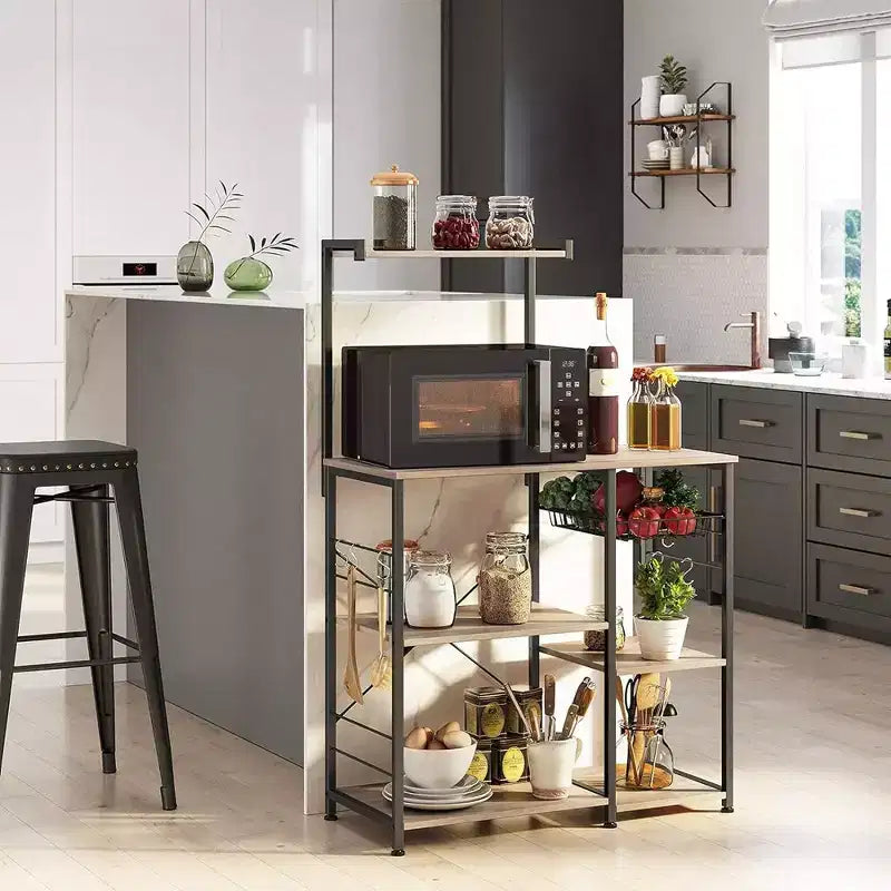 VASAGLE Scaffale da Forno, Carrello da Cucina per Microonde, Scaffale per Utensili da Cucina con Cestello a Rete, 6 Ganci e Ripiani per Spezie, Pentole e Padelle