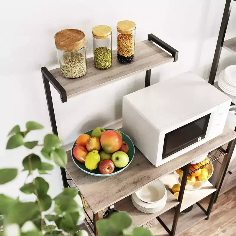 VASAGLE Scaffale da Forno, Carrello da Cucina per Microonde, Scaffale per Utensili da Cucina con Cestello a Rete, 6 Ganci e Ripiani per Spezie, Pentole e Padelle