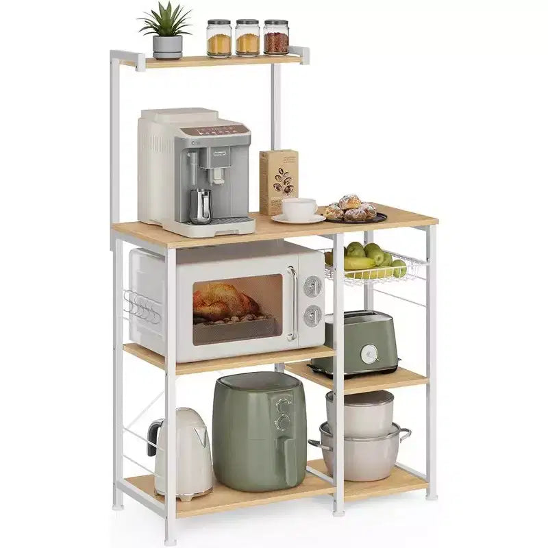 VASAGLE Scaffale da Forno, Carrello da Cucina per Microonde, Scaffale per Utensili da Cucina con Cestello a Rete, 6 Ganci e Ripiani per Spezie, Pentole e Padelle