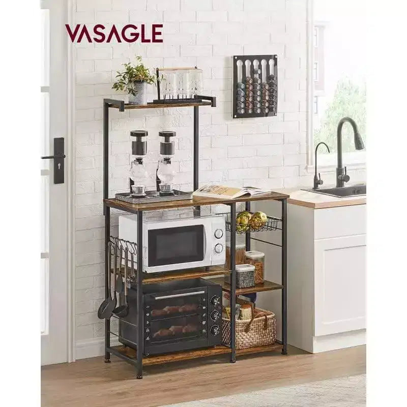 VASAGLE Scaffale da Forno, Carrello da Cucina per Microonde, Scaffale per Utensili da Cucina con Cestello a Rete, 6 Ganci e Ripiani per Spezie, Pentole e Padelle
