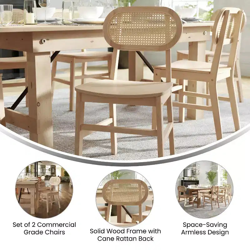 Flash Furniture Jacob Set di 2 sedie commerciali da pranzo e per eventi in canna di rattan con struttura e seduta in legno massello