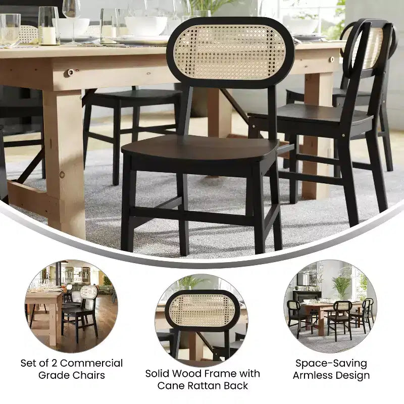 Flash Furniture Jacob Set di 2 sedie commerciali da pranzo e per eventi in canna di rattan con struttura e seduta in legno massello