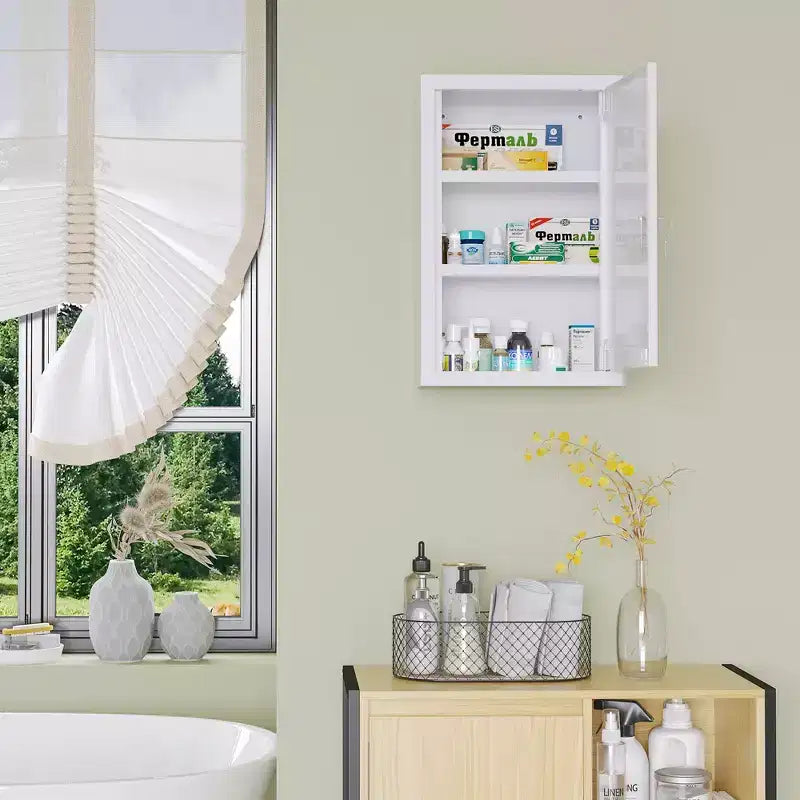 kleankin Armadietto dei Medicinali 30 x 45 cm con Chiusura a Chiave, Ripiani Interni e Montaggio a Parete, Mobiletto Farmaci di Pronto Soccorso, Bianco
