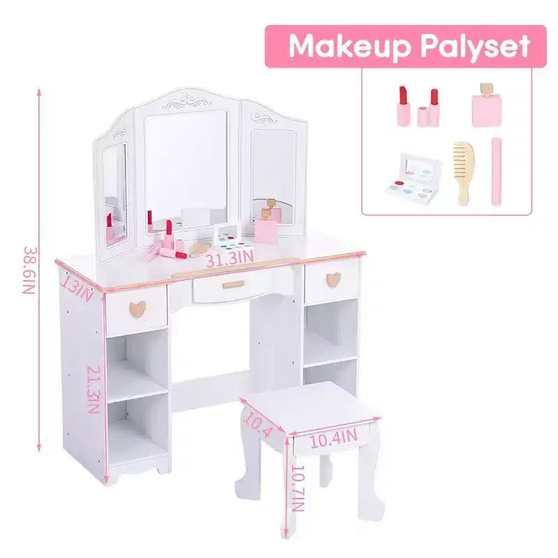 Set da toeletta per bambini con specchio e sgabello, set da gioco in legno per il trucco delle bambine, tavolino da trucco da principessa per bambini e neonati, bianco
