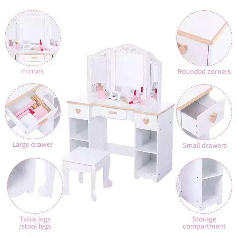 Set da toeletta per bambini con specchio e sgabello, set da gioco in legno per il trucco delle bambine, tavolino da trucco da principessa per bambini e neonati, bianco