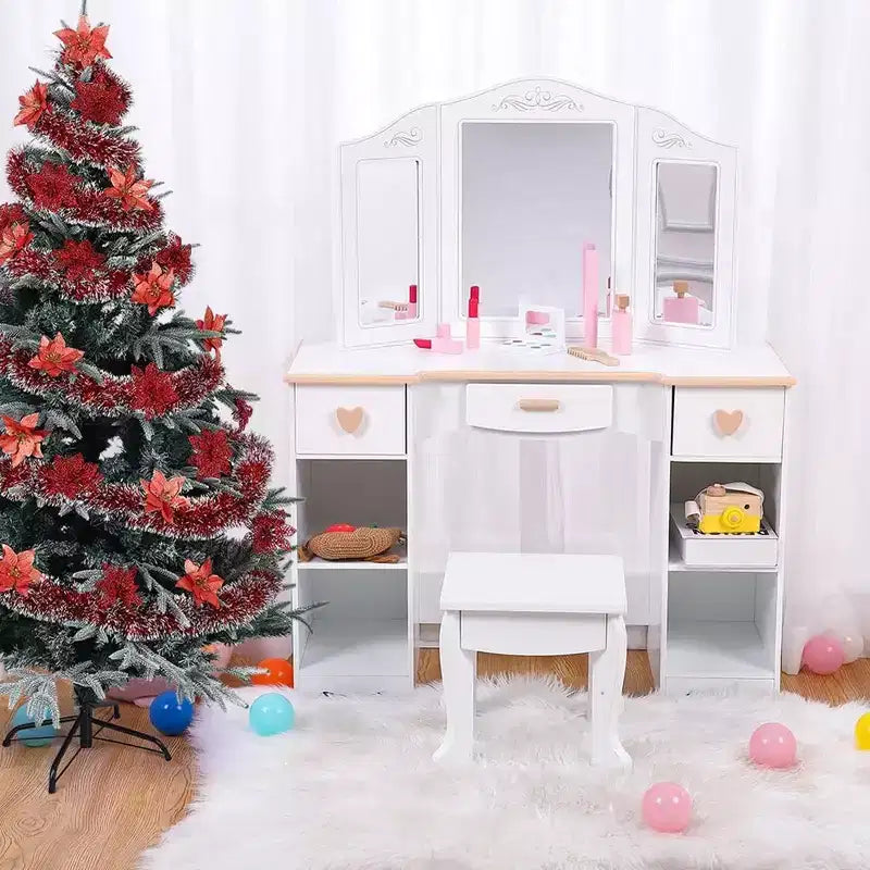Set da toeletta per bambini con specchio e sgabello, set da gioco in legno per il trucco delle bambine, tavolino da trucco da principessa per bambini e neonati, bianco