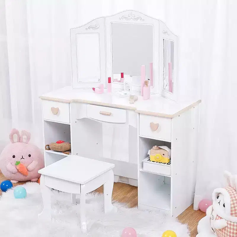 Set da toeletta per bambini con specchio e sgabello, set da gioco in legno per il trucco delle bambine, tavolino da trucco da principessa per bambini e neonati, bianco