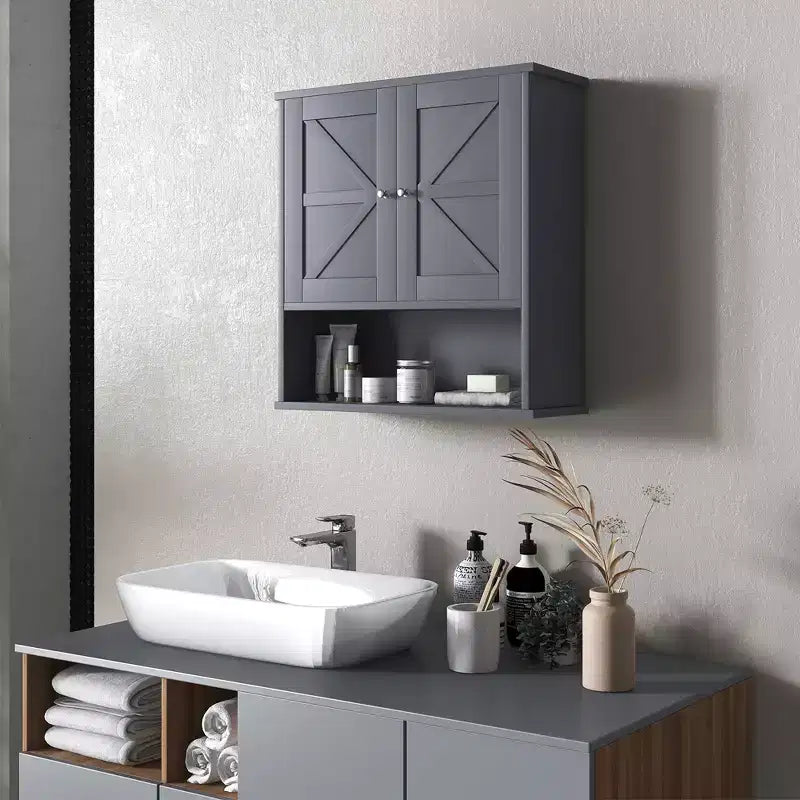 kleankin Mobiletto da Bagno da Parete, Armadietto in Stile Rustico con Ripiano Aperto e Ripiano Regolabile, Credenza Contenitore per Lavanderia