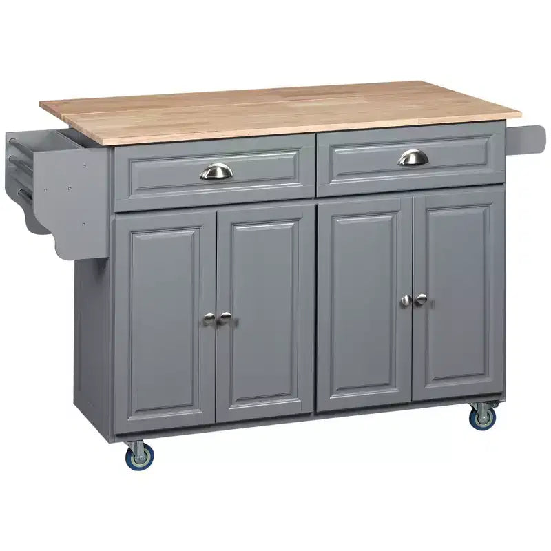 HOMCOM Carrello Cucina con Ruote, Carrello da Cucina con Barra per la Colazione a Ribalta in Legno Massello, Cassetti Contenitori, Armadietti a 4 Ante, Portaspezie
