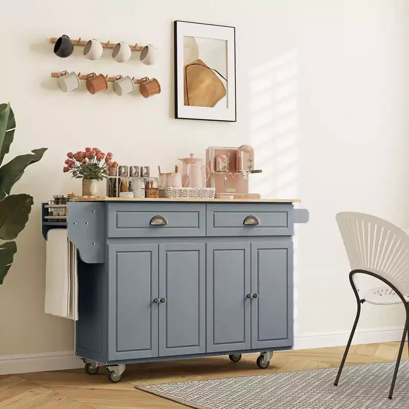 HOMCOM Carrello Cucina con Ruote, Carrello da Cucina con Barra per la Colazione a Ribalta in Legno Massello, Cassetti Contenitori, Armadietti a 4 Ante, Portaspezie