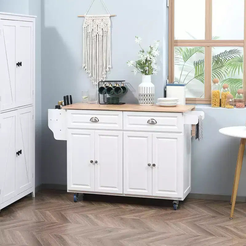 HOMCOM Carrello Cucina con Ruote, Carrello da Cucina con Barra per la Colazione a Ribalta in Legno Massello, Cassetti Contenitori, Armadietti a 4 Ante, Portaspezie