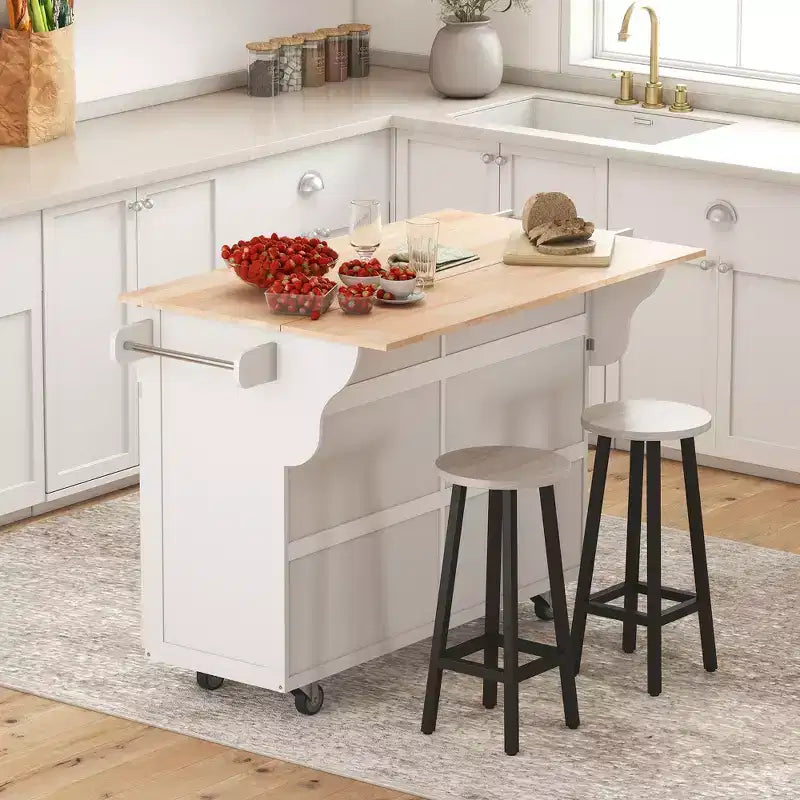 HOMCOM Carrello Cucina con Ruote, Carrello da Cucina con Barra per la Colazione a Ribalta in Legno Massello, Cassetti Contenitori, Armadietti a 4 Ante, Portaspezie