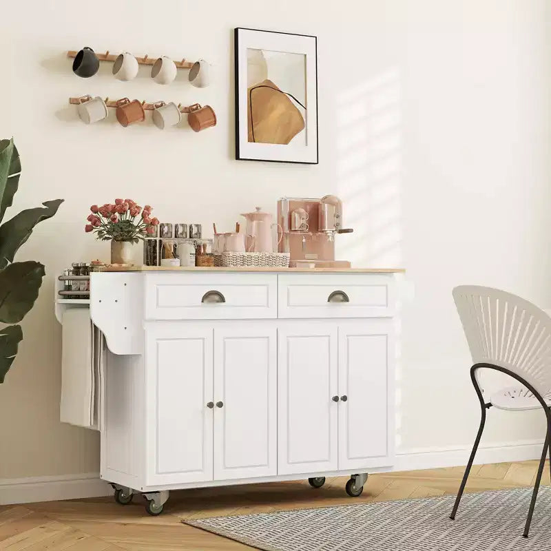 HOMCOM Carrello Cucina con Ruote, Carrello da Cucina con Barra per la Colazione a Ribalta in Legno Massello, Cassetti Contenitori, Armadietti a 4 Ante, Portaspezie