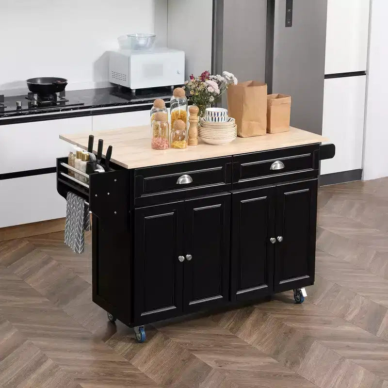 HOMCOM Carrello Cucina con Ruote, Carrello da Cucina con Barra per la Colazione a Ribalta in Legno Massello, Cassetti Contenitori, Armadietti a 4 Ante, Portaspezie