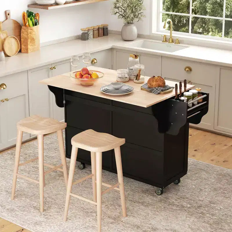 HOMCOM Carrello Cucina con Ruote, Carrello da Cucina con Barra per la Colazione a Ribalta in Legno Massello, Cassetti Contenitori, Armadietti a 4 Ante, Portaspezie