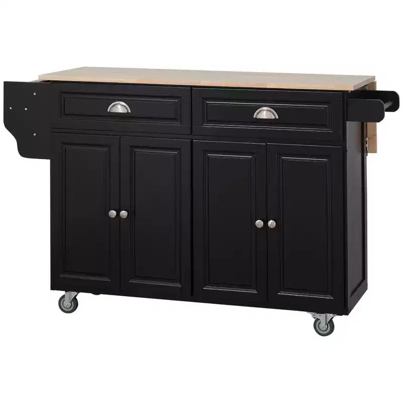 HOMCOM Carrello Cucina con Ruote, Carrello da Cucina con Barra per la Colazione a Ribalta in Legno Massello, Cassetti Contenitori, Armadietti a 4 Ante, Portaspezie