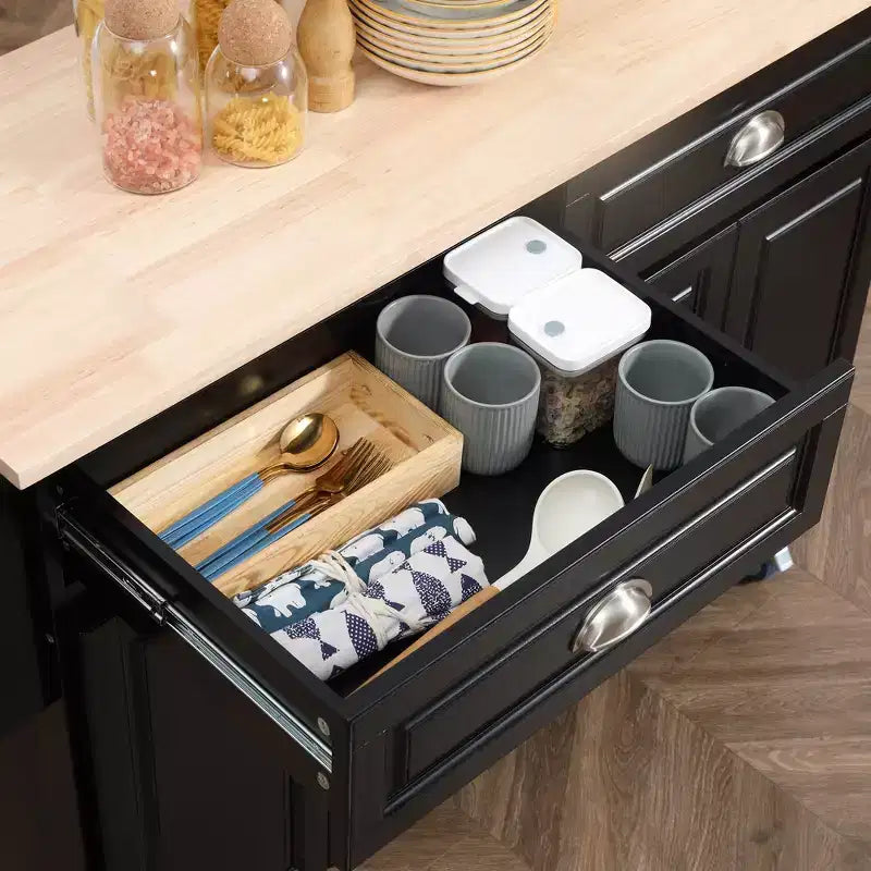 HOMCOM Carrello Cucina con Ruote, Carrello da Cucina con Barra per la Colazione a Ribalta in Legno Massello, Cassetti Contenitori, Armadietti a 4 Ante, Portaspezie