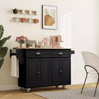 HOMCOM Carrello Cucina con Ruote, Carrello da Cucina con Barra per la Colazione a Ribalta in Legno Massello, Cassetti Contenitori, Armadietti a 4 Ante, Portaspezie
