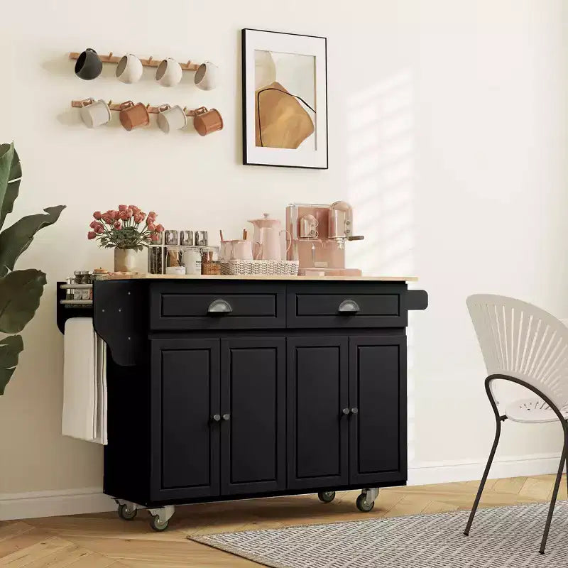 HOMCOM Carrello Cucina con Ruote, Carrello da Cucina con Barra per la Colazione a Ribalta in Legno Massello, Cassetti Contenitori, Armadietti a 4 Ante, Portaspezie
