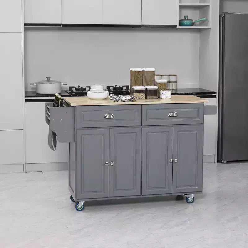 HOMCOM Carrello Cucina con Ruote, Carrello da Cucina con Barra per la Colazione a Ribalta in Legno Massello, Cassetti Contenitori, Armadietti a 4 Ante, Portaspezie