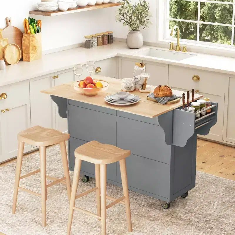 HOMCOM Carrello Cucina con Ruote, Carrello da Cucina con Barra per la Colazione a Ribalta in Legno Massello, Cassetti Contenitori, Armadietti a 4 Ante, Portaspezie