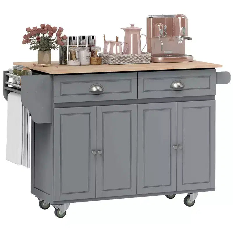 HOMCOM Carrello Cucina con Ruote, Carrello da Cucina con Barra per la Colazione a Ribalta in Legno Massello, Cassetti Contenitori, Armadietti a 4 Ante, Portaspezie