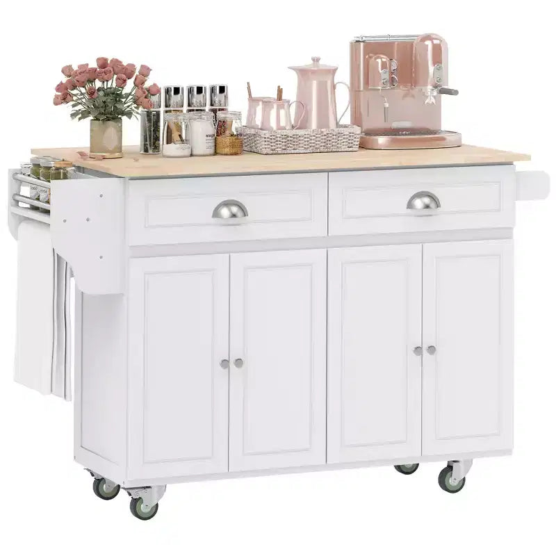 HOMCOM Carrello Cucina con Ruote, Carrello da Cucina con Barra per la Colazione a Ribalta in Legno Massello, Cassetti Contenitori, Armadietti a 4 Ante, Portaspezie