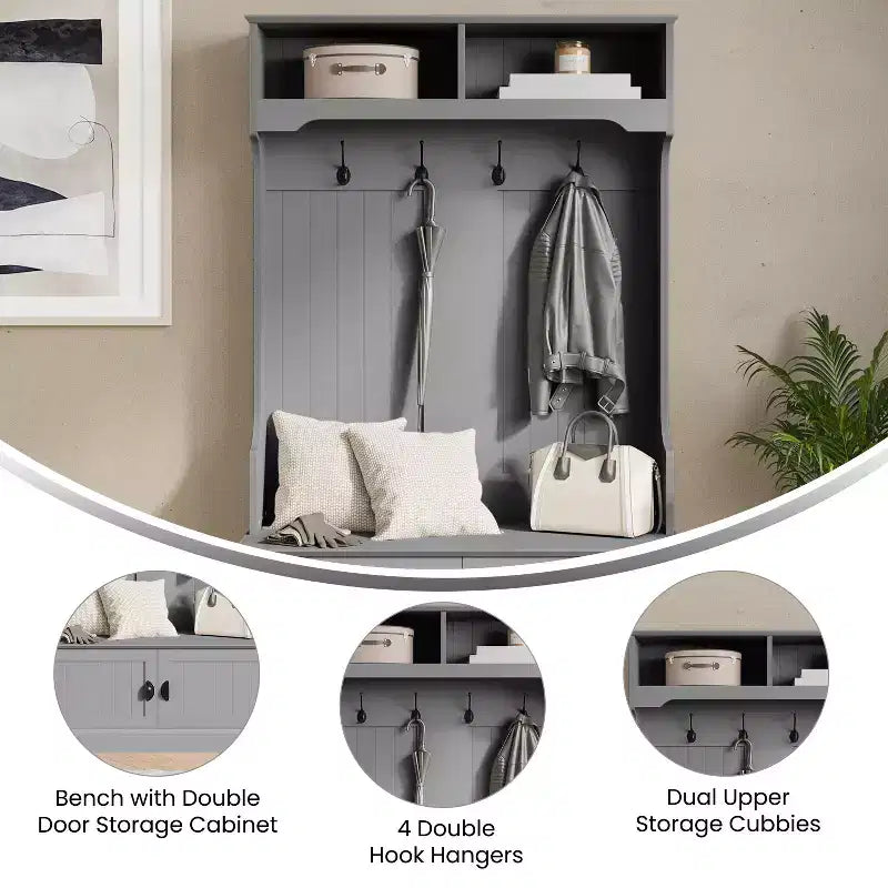 Flash Furniture Appendiabiti Fraser con panca contenitore a doppia anta, appendiabiti con 4 ganci doppi e 2 scomparti superiori