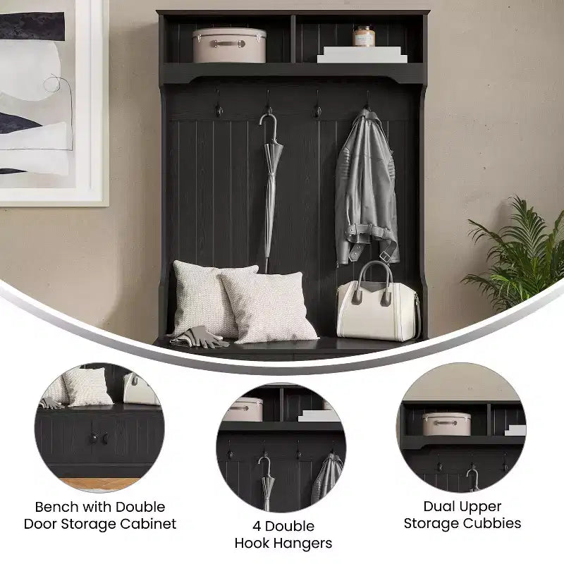 Flash Furniture Appendiabiti Fraser con panca contenitore a doppia anta, appendiabiti con 4 ganci doppi e 2 scomparti superiori