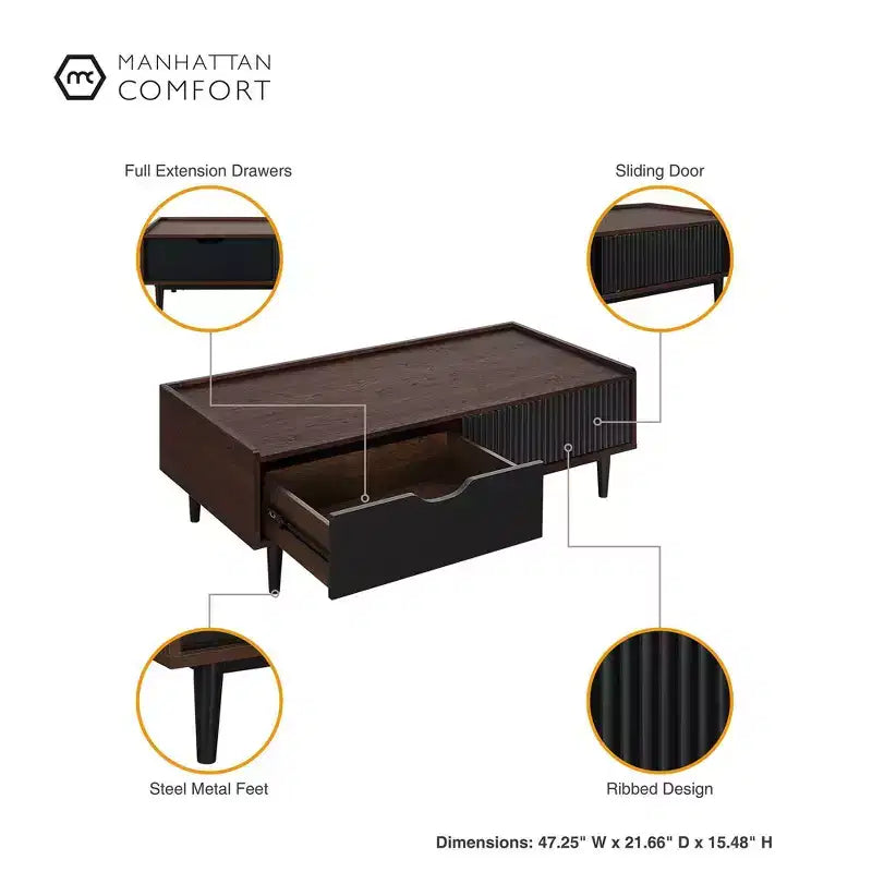 Tavolino da caffè scanalato Duane con cassetto e ripiano - Manhattan Comfort