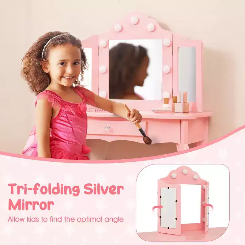 Costway Tavolino da trucco con sgabello per bambini con specchio a tre ante, luci LED regolabili a 3 colori, rosa/bianco