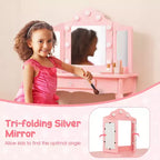 Costway Tavolino da trucco con sgabello per bambini con specchio a tre ante, luci LED regolabili a 3 colori, rosa/bianco